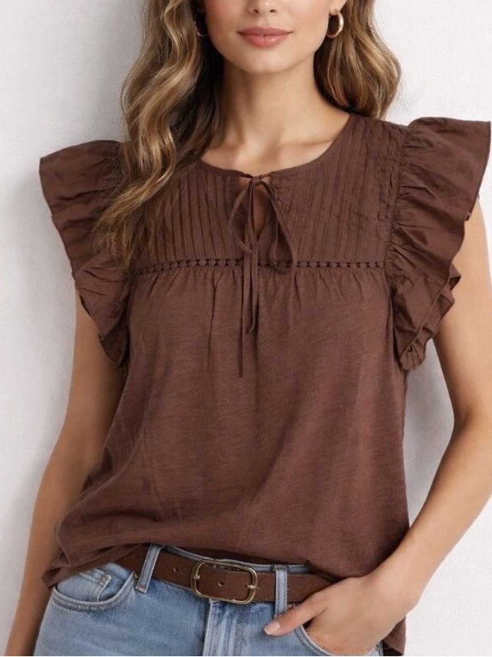 Anthropologie Dolan Brown Flutter Sleeve Pintuck Blouse Top-Size Large-Boho